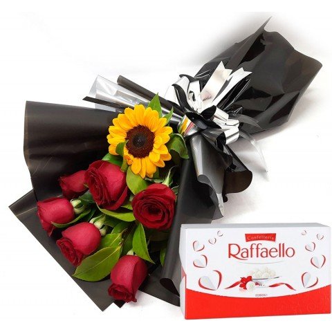 Buquê Com Amor 6 Rosas + Chocolate Raffaello com 9 Bombons