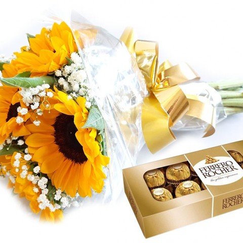 Buquê de Girassol 40cm com 5 Flores + Ferrero Rocher